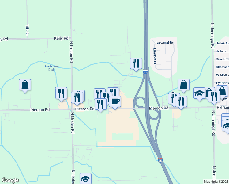 map of restaurants, bars, coffee shops, grocery stores, and more near 4366 West Pierson Road in Flint
