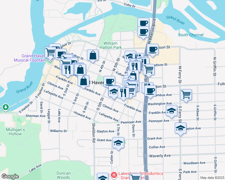 map of restaurants, bars, coffee shops, grocery stores, and more near 508 Washington Avenue in Grand Haven