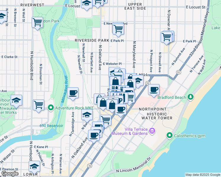 map of restaurants, bars, coffee shops, grocery stores, and more near 2422 North Cramer Street in Milwaukee