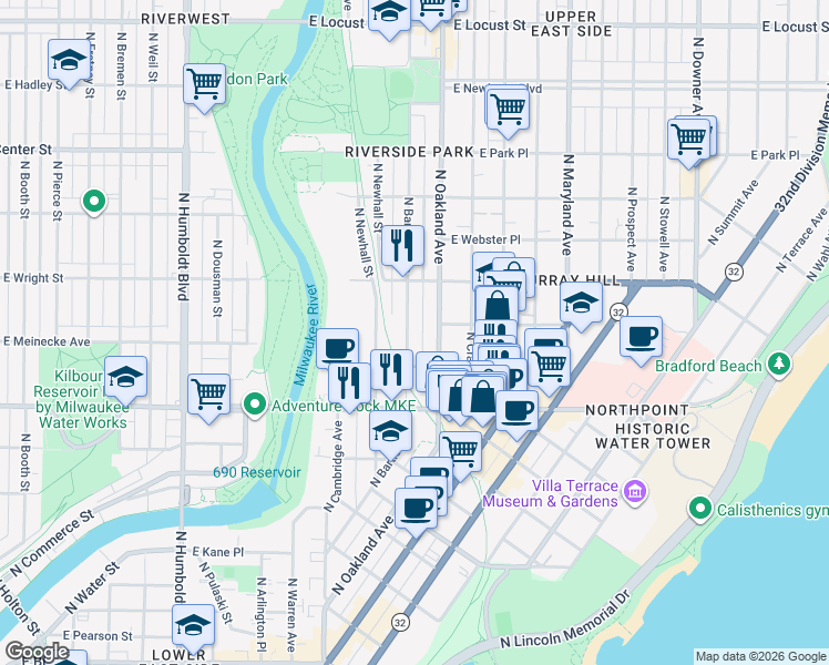 map of restaurants, bars, coffee shops, grocery stores, and more near 2425 North Bartlett Avenue in Milwaukee