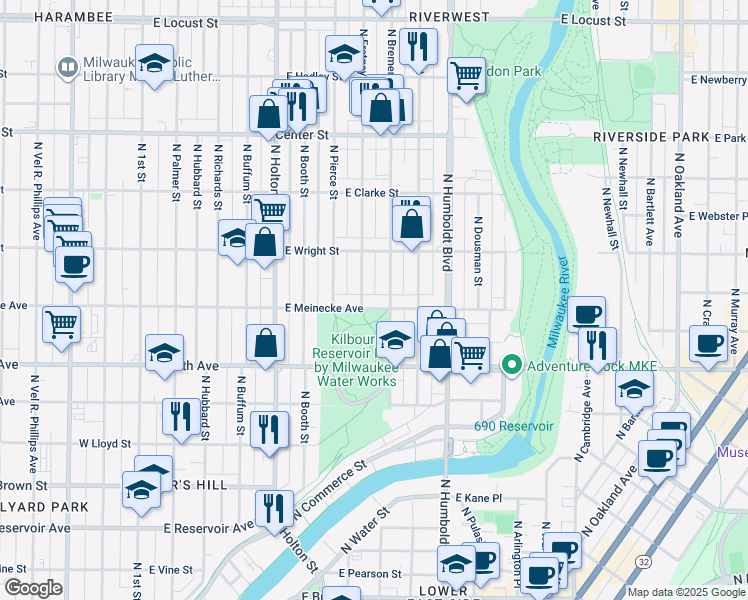 map of restaurants, bars, coffee shops, grocery stores, and more near 808 East Meinecke Avenue in Milwaukee