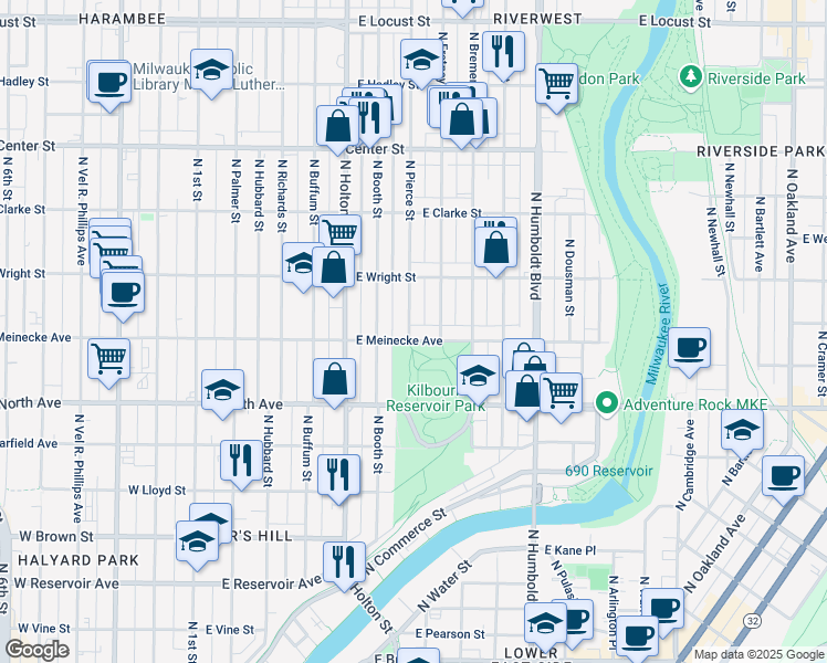 map of restaurants, bars, coffee shops, grocery stores, and more near 632 East Meinecke Avenue in Milwaukee
