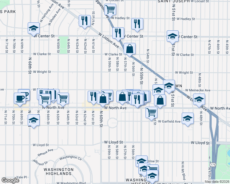 map of restaurants, bars, coffee shops, grocery stores, and more near 2355 North 58th Street in Milwaukee