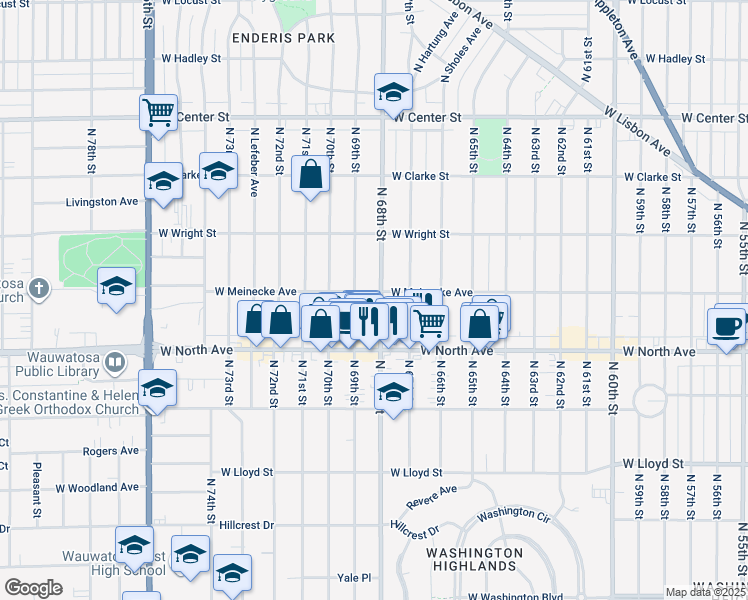 map of restaurants, bars, coffee shops, grocery stores, and more near 2350 North 68th Street in Wauwatosa