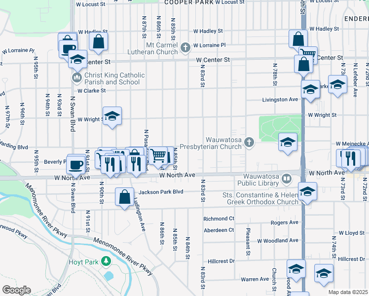 map of restaurants, bars, coffee shops, grocery stores, and more near 2366 North 85th Street in Wauwatosa