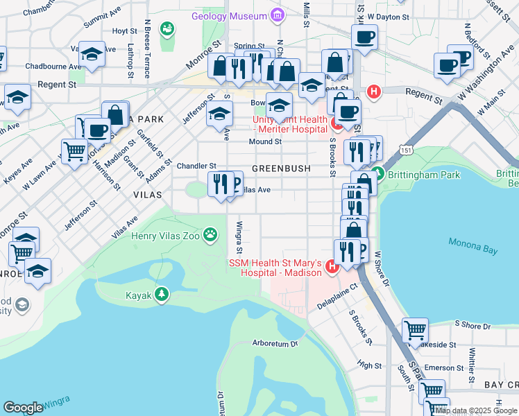 map of restaurants, bars, coffee shops, grocery stores, and more near 1309 Drake Street in Madison