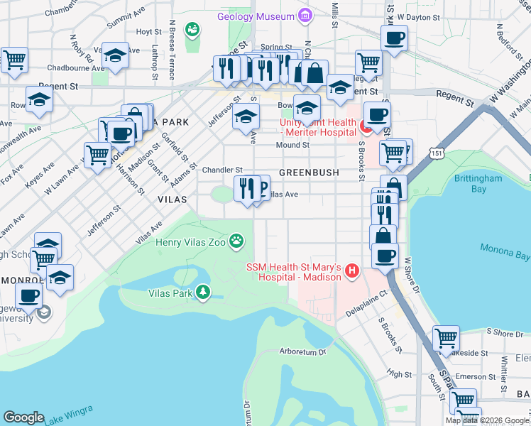 map of restaurants, bars, coffee shops, grocery stores, and more near 1339 Drake Street in Madison