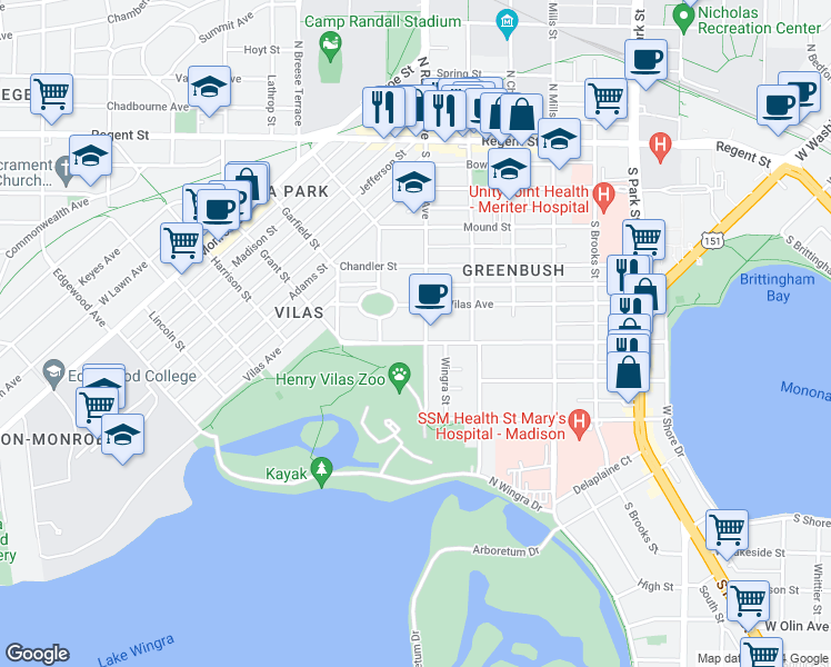 map of restaurants, bars, coffee shops, grocery stores, and more near 1339 Drake Street in Madison