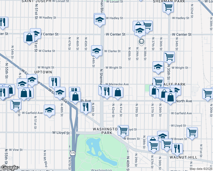 map of restaurants, bars, coffee shops, grocery stores, and more near 2362 North 41st Street in Milwaukee