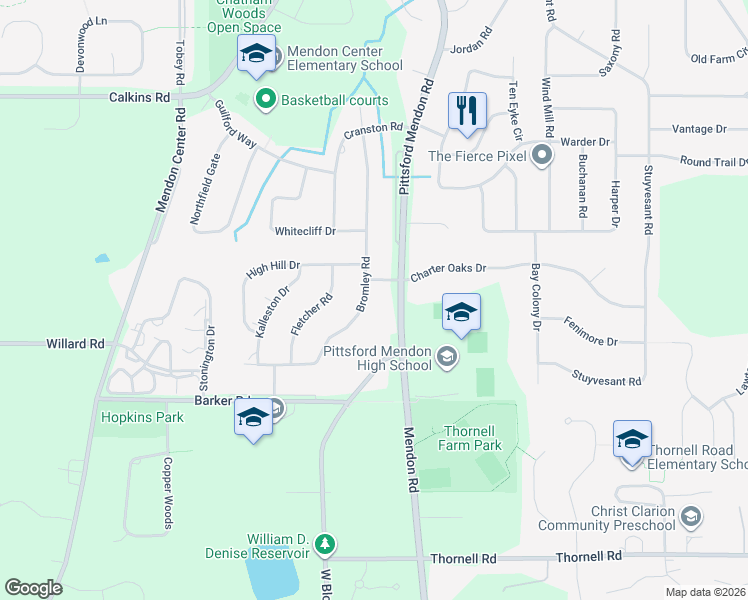map of restaurants, bars, coffee shops, grocery stores, and more near 47 Bromley Road in Pittsford