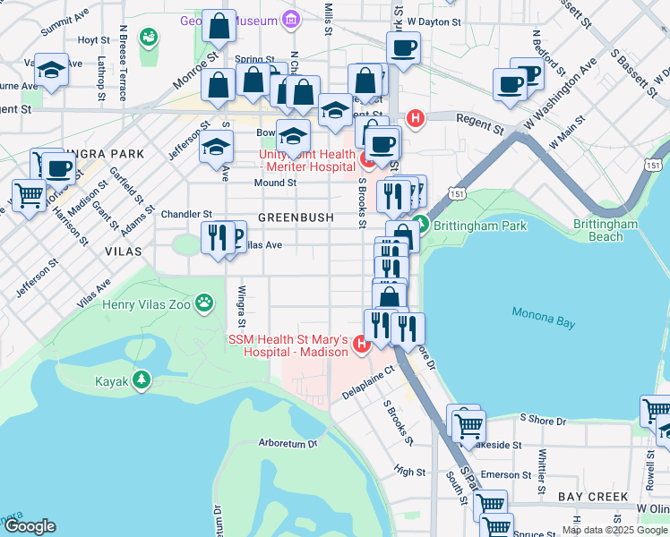 map of restaurants, bars, coffee shops, grocery stores, and more near 421 South Mills Street in Madison
