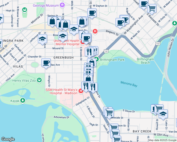 map of restaurants, bars, coffee shops, grocery stores, and more near 902 Drake Street in Madison