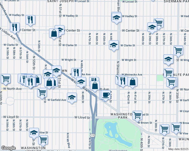 map of restaurants, bars, coffee shops, grocery stores, and more near 2360 North 47th Street in Milwaukee