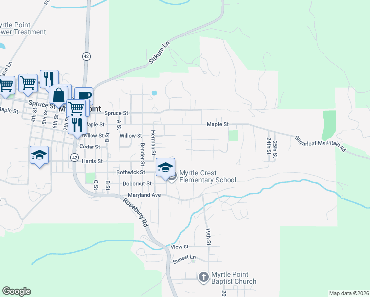 map of restaurants, bars, coffee shops, grocery stores, and more near 1810 East Cedar Street in Myrtle Point