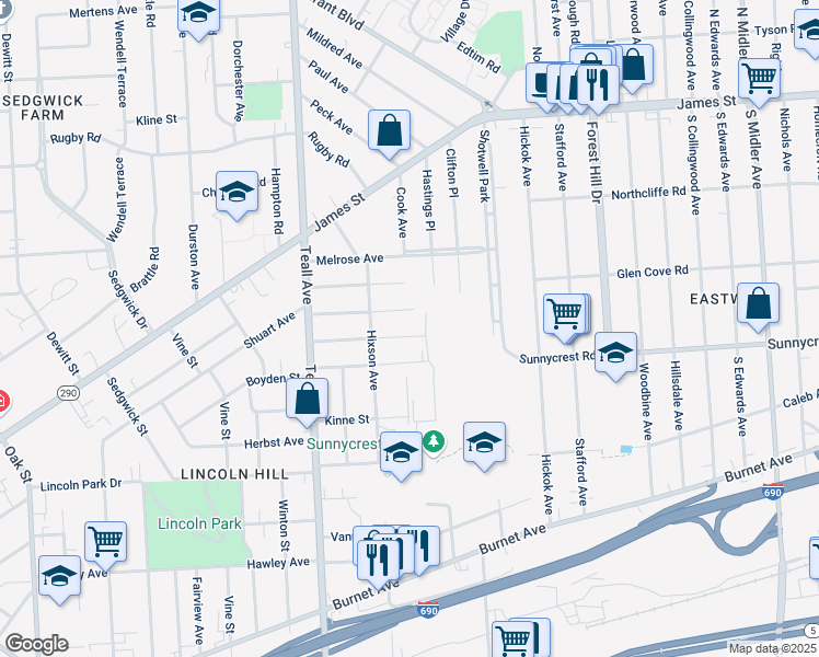 map of restaurants, bars, coffee shops, grocery stores, and more near 206 Mariposa Street in Syracuse