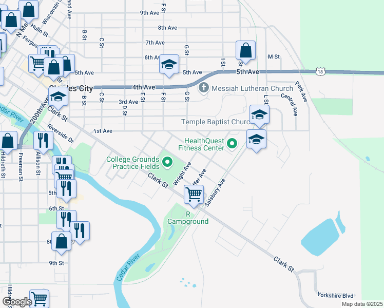 map of restaurants, bars, coffee shops, grocery stores, and more near 1721 Salzer St in Charles City