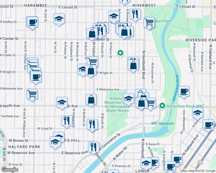 map of restaurants, bars, coffee shops, grocery stores, and more near 632 East Meinecke Avenue in Milwaukee