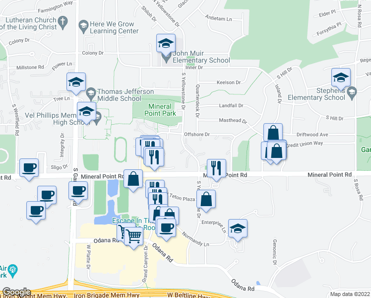 map of restaurants, bars, coffee shops, grocery stores, and more near 300 South Yellowstone Drive in Madison