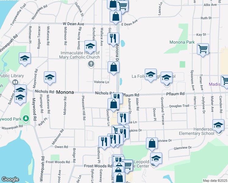 map of restaurants, bars, coffee shops, grocery stores, and more near 101 Nichols Road in Monona