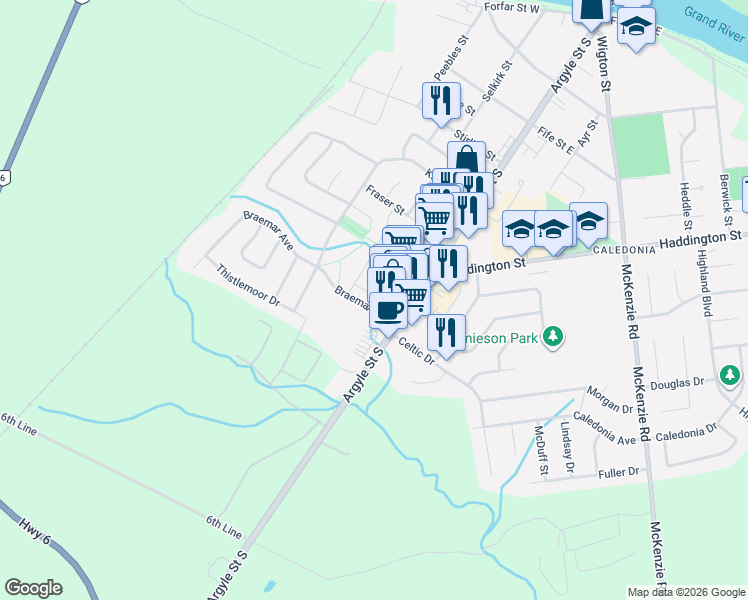 map of restaurants, bars, coffee shops, grocery stores, and more near 30 Braemar Avenue in Caledonia