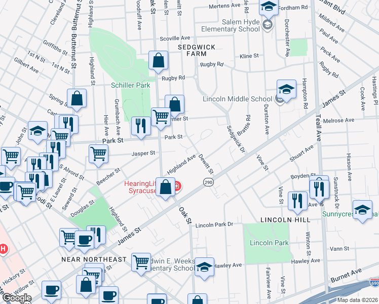 map of restaurants, bars, coffee shops, grocery stores, and more near 209 Dewitt Street in Syracuse