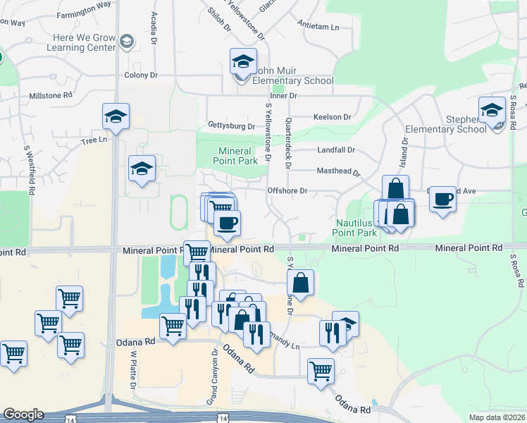map of restaurants, bars, coffee shops, grocery stores, and more near 302 South Yellowstone Drive in Madison