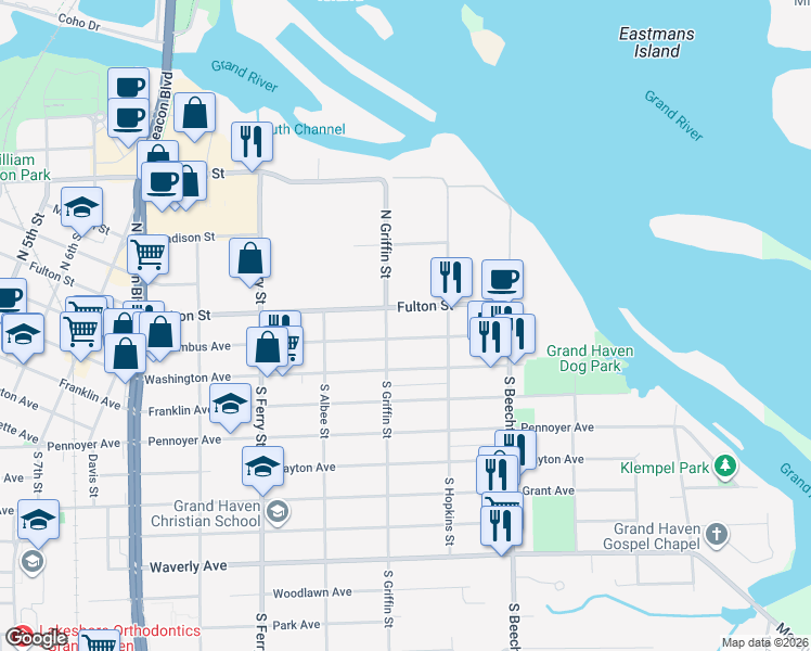 map of restaurants, bars, coffee shops, grocery stores, and more near 1326 Columbus Avenue in Grand Haven