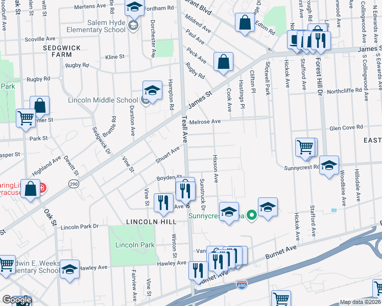 map of restaurants, bars, coffee shops, grocery stores, and more near 1120 Teall Avenue in Syracuse