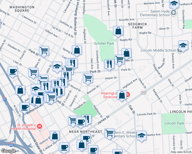 map of restaurants, bars, coffee shops, grocery stores, and more near 134 Jasper Street in Syracuse