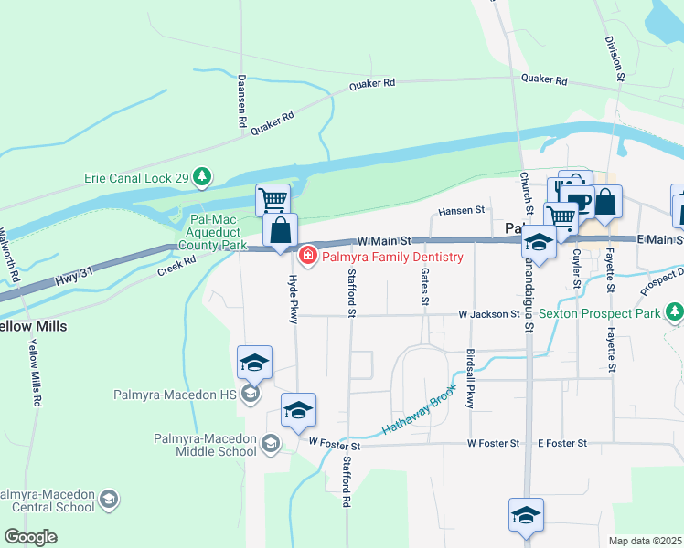 map of restaurants, bars, coffee shops, grocery stores, and more near 139 Stafford Street in Palmyra