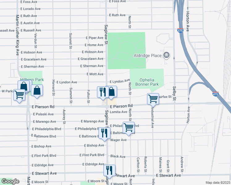 map of restaurants, bars, coffee shops, grocery stores, and more near 729 East Ridgeway Avenue in Flint