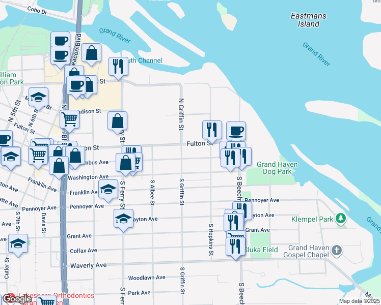 map of restaurants, bars, coffee shops, grocery stores, and more near 1326 Columbus Avenue in Grand Haven