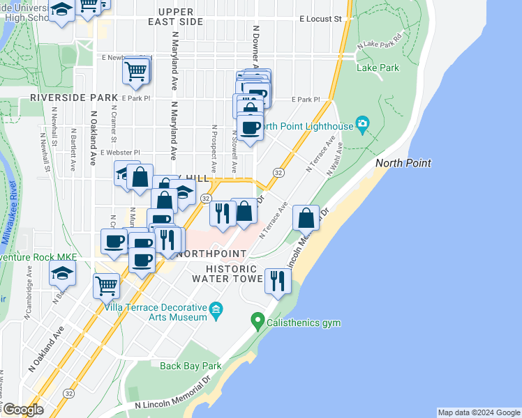 map of restaurants, bars, coffee shops, grocery stores, and more near 2411 North Terrace Avenue in Milwaukee