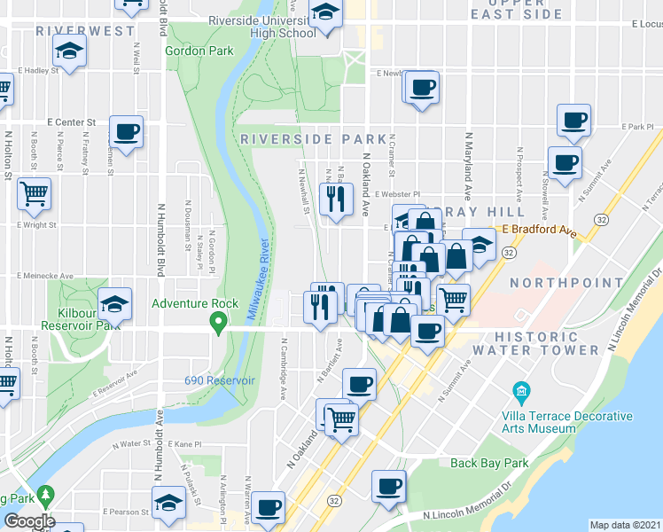 map of restaurants, bars, coffee shops, grocery stores, and more near 2425 North Bartlett Avenue in Milwaukee