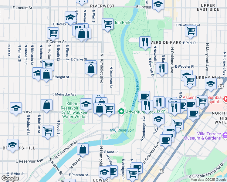 map of restaurants, bars, coffee shops, grocery stores, and more near 1125 East Meinecke Avenue in Milwaukee