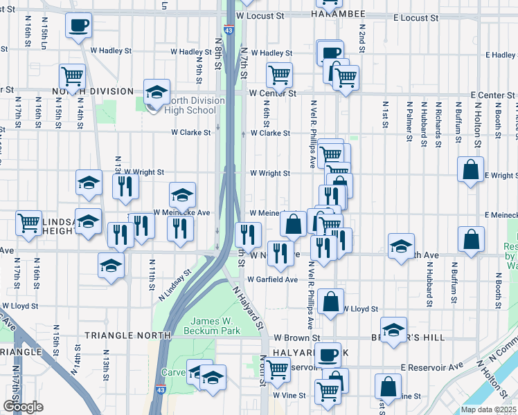map of restaurants, bars, coffee shops, grocery stores, and more near 635 West Meinecke Avenue in Milwaukee