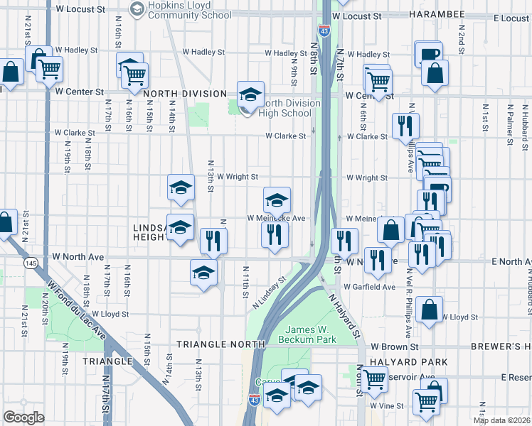 map of restaurants, bars, coffee shops, grocery stores, and more near 2409 North 10th Street in Milwaukee