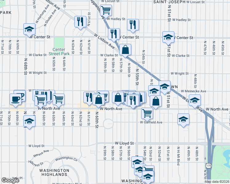 map of restaurants, bars, coffee shops, grocery stores, and more near 2359 North 58th Street in Milwaukee