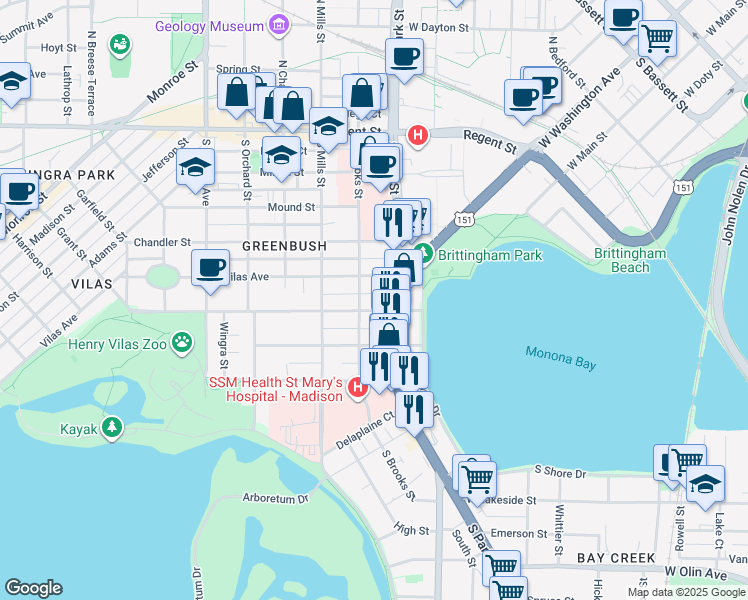map of restaurants, bars, coffee shops, grocery stores, and more near 902 Drake Street in Madison