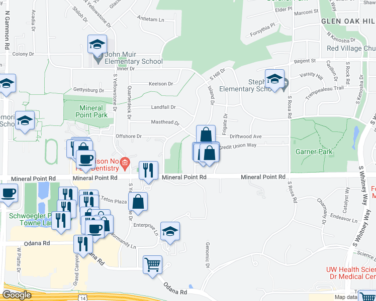 map of restaurants, bars, coffee shops, grocery stores, and more near 332 Island Drive in Madison
