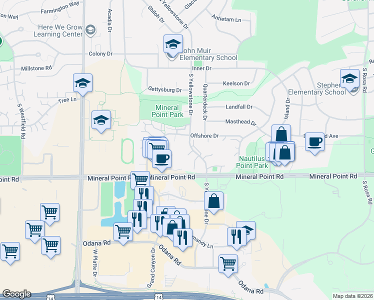 map of restaurants, bars, coffee shops, grocery stores, and more near 302 South Yellowstone Drive in Madison