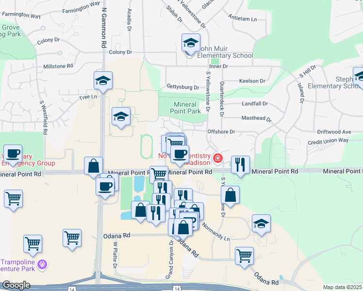 map of restaurants, bars, coffee shops, grocery stores, and more near 6608 Mineral Point Road in Madison