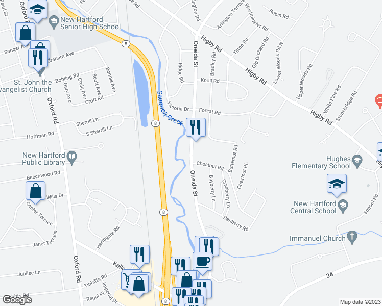 map of restaurants, bars, coffee shops, grocery stores, and more near 4027 Oneida Street in Utica
