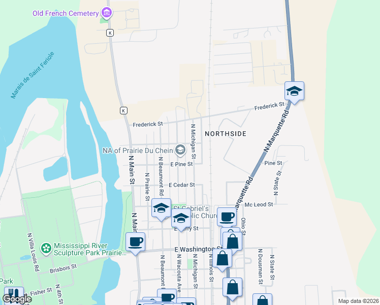 map of restaurants, bars, coffee shops, grocery stores, and more near 803 North Michigan Street in Prairie du Chien