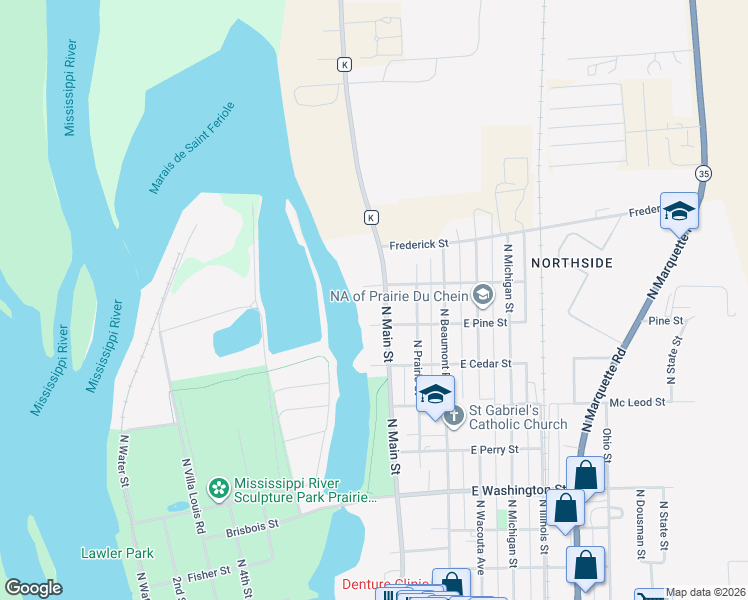 map of restaurants, bars, coffee shops, grocery stores, and more near 821 North Main Street in Prairie du Chien