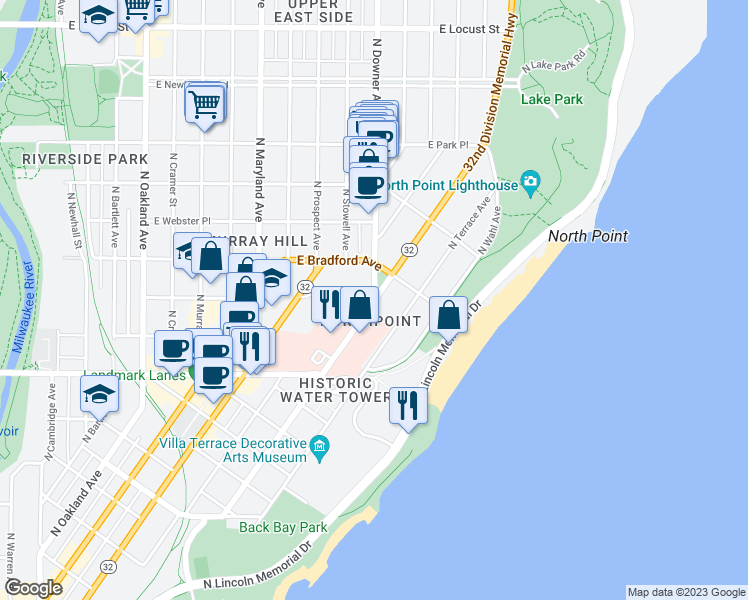 map of restaurants, bars, coffee shops, grocery stores, and more near N Lake Dr & N Downer Ave in Milwaukee