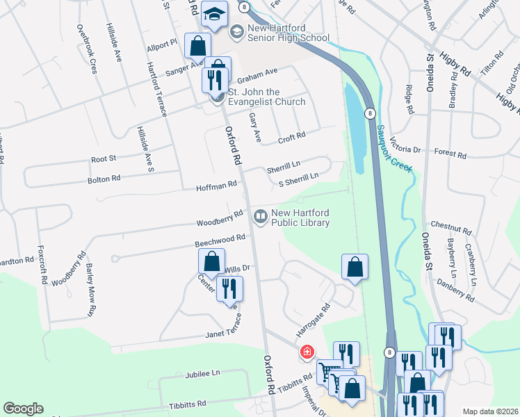 map of restaurants, bars, coffee shops, grocery stores, and more near in Oneida County