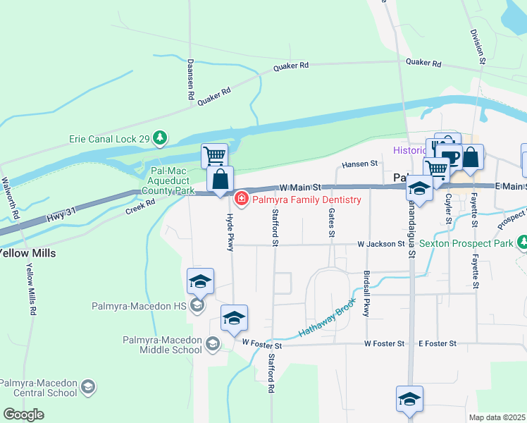 map of restaurants, bars, coffee shops, grocery stores, and more near 139 Stafford Street in Palmyra