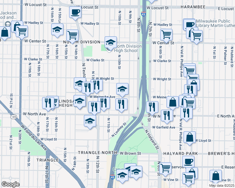 map of restaurants, bars, coffee shops, grocery stores, and more near 2409 North 10th Street in Milwaukee