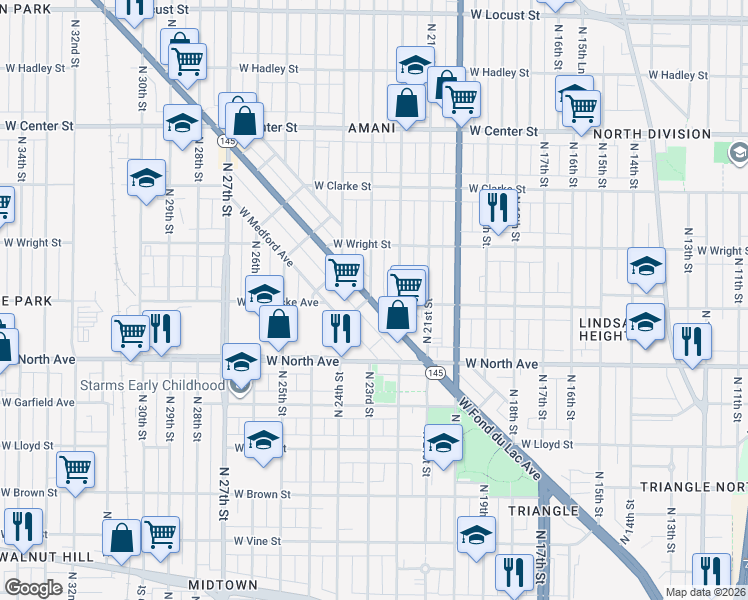 map of restaurants, bars, coffee shops, grocery stores, and more near 2299 West Meinecke Avenue in Milwaukee